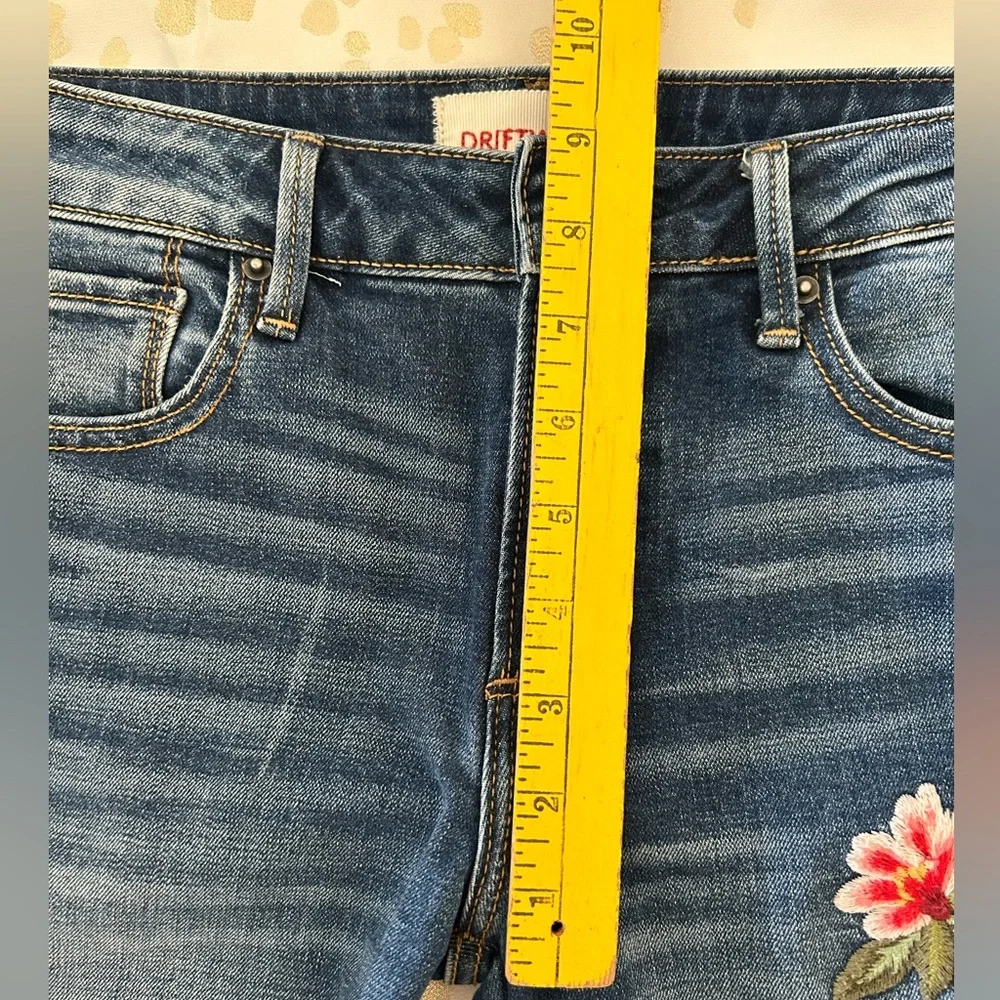 DRIFTWOOD Blue Boot Cut Jeans with Pink Floral Embroidery - Picture 9 of 11